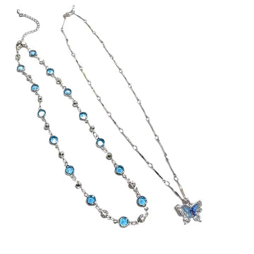 Romantic Blue Crystal Butterfly Necklace for Women Girls Bilayer Choker Clavicle Chain Fashion Delicate Zircon Sparkling Pendant